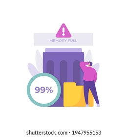 the concept of freeing up memory space. illustration of man deleting an annoying notification in a trash can. memory boosting. clear cache. flat style. flat design