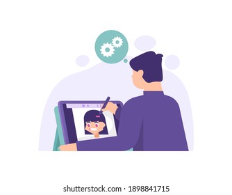 a concept of a freelance graphic designer, illustrator, artist, cartoonist. illustration of a boy drawing a cartoon using a tablet. create a work of art. flat style. vector design element