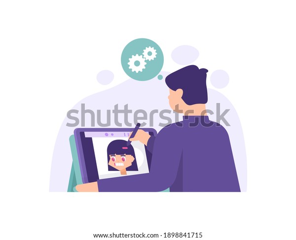 a\
concept of a freelance graphic designer, illustrator, artist,\
cartoonist. illustration of a boy drawing a cartoon using a tablet.\
create a work of art. flat style. vector design\
element