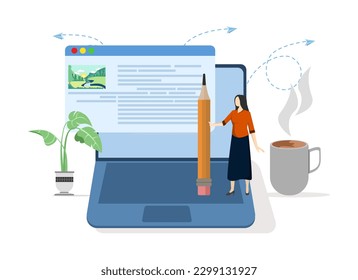 concept of freelance journalist, content writer, creative woman holding pencil with content on website. blogger or journal, publishing editor or online article writing, copywriter for advertisements.