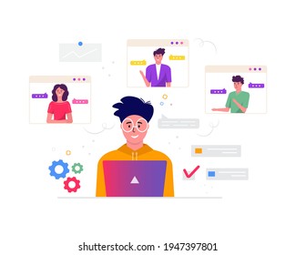 Concept of freelance, video conference, online meeting workspace. Design template freelancers taking with colleague for report, flyer, marketing, leaflet,  modern style vector