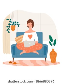Concept of freelance work, job. Online work. Home workplace, workspace. Young woman sitting on armchair and using laptop computer. Modern cartoon flat vector illustration isolated on white background
