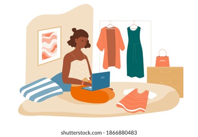 Concept of freelance work, job. Online work. Home workplace, workspace. Young woman sitting on bed and using laptop computer. Cartoon modern flat vector illustration isolated on white background