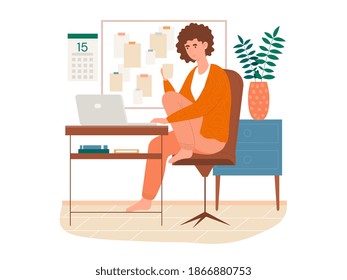 Concept of freelance work, job. Online work. Home workplace, workspace. Young woman drinking coffee and using laptop computer. Modern cartoon flat vector illustration isolated on white background