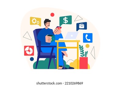 Concept Freelance working with people scene in the flat cartoon style. Man works at home on a laptop and earns money. Vector illustration.