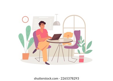 Konzept Freelance mit Menschen-Szene in der flachen Cartoon-Design. Der Mensch arbeitet nach einem kostenlosen Zeitplan zu Hause und verdient Geld. Vektorgrafik.