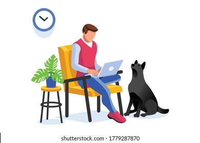 Concept of freelancer at home set. Working relaxed, work comfortable, set of workplaces with homes and characters. Freelancer man on freelance concept. Isometric Illustration Vector Design.