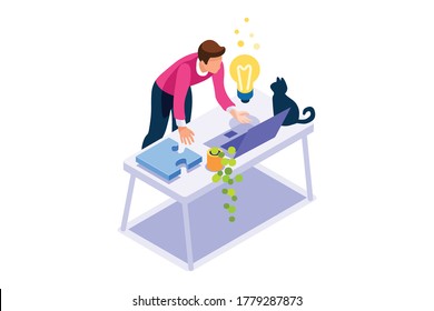 Concept of freelancer at home set. Working relaxed, work comfortable, set of workplaces with homes and characters. Freelancer man on freelance concept. Isometric Illustration Vector Design.