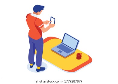 Concepto de autónomo en el hogar. Trabajar relajado, trabajar cómodo, conjunto de lugares de trabajo con casas y personajes. Hombre independiente en concepto de independiente. Diseño de vectores Isometric Illustration.