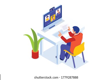 Concept of freelancer at home set. Working relaxed, work comfortable, set of workplaces with homes and characters. Freelancer man on freelance concept. Isometric Illustration Vector Design.