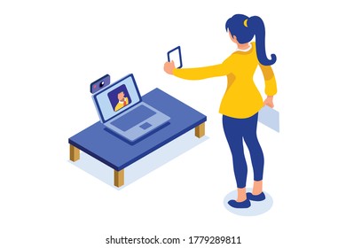 Concept of freelancer at home set. Working relaxed, work comfortable, set of workplaces with homes and characters. Freelancer woman on freelance concept. Isometric Illustration Vector Design.