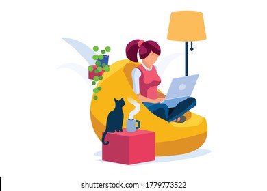 Concept of freelancer at home set. Working relaxed, work comfortable, set of workplaces with homes and characters. Freelancer woman on freelance concept. Isometric Illustration Vector Design.