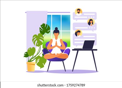 Concept freelancer woman practicing yoga and meditation on home. The girl sits in the lotus position, the thought process, the inception and the search for ideas. Time management. Vector illustration.