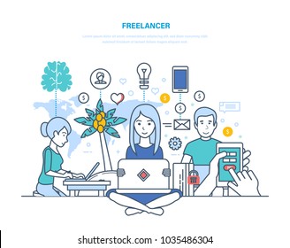 Concept of freelancers and remote work. Modern workplace of freelancer, equipment, technical equipment, workspace. Information technology, performance of work remotely. Illustration thin line design.