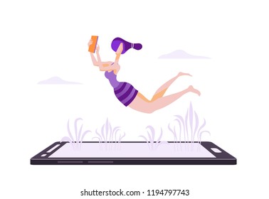 Concept of freelancing, freedom of creativity and business on the Internet. Girl with the tablet in her hands flies over the smartphone. Modern flat vector illustration isolated on white background