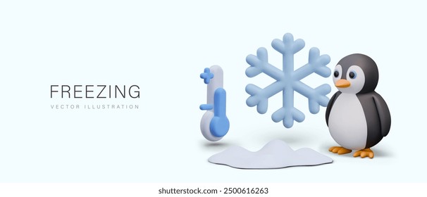 Concept of freezing. Vector penguin, snowflake, blue thermometer, ice