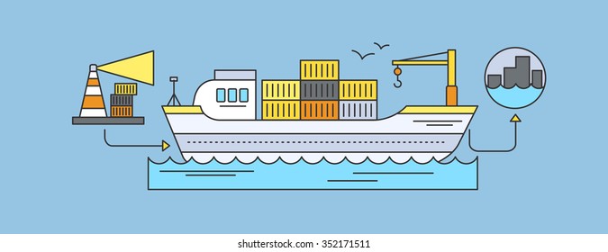 Concept of Freight Forwarding by sea. Transport delivery, shipping import industry, distribution and logistic, export railway transportation. Set of thin, lines, outline flat icons