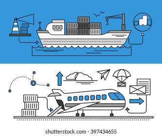 Concept of Freight Forwarding by sea and by air. Transport delivery, shipping import industry, distribution and logistic, export railway transportation. Set of thin, lines, outline flat icons