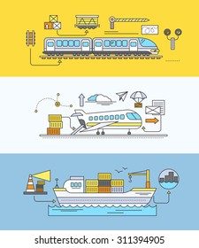 Concept of Freight Forwarding rail by sea and air. Transport delivery, shipping import industry, distribution and logistic, export railway transportation. Set of thin, lines, outline flat icons
