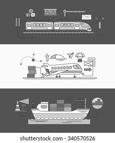 Concept of Freight Forwarding rail by sea and air. Transport delivery, shipping import industry, distribution and logistic, export railway transportation. Set of thin, lines, outline flat icons