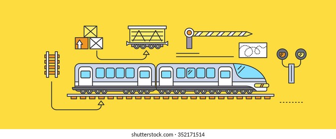 Concept of Freight Forwarding rail by train. Transport delivery, shipping import industry, distribution and logistic, export railway transportation. Set of thin, lines, outline flat icons