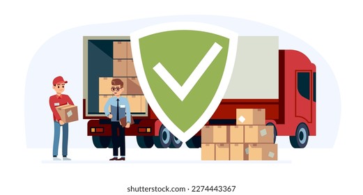 Concepto de seguro de flete, transporte de exportación, seguridad del transporte y logística. Cajas de cartón en camión, cargador y conductor. Ilustración plana vectorial de entrega y envío