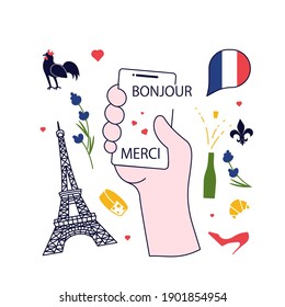 Concept of French language app for course or dictionary. Hand holds smartphone with educational app. Hello, Thank you phrases and France landmarks logos around. Vector Illustration