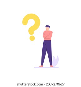 concept of Frequently Asked Questions or FAQ. illustration of a man holding his chin and thinking. confused people. answer help. question marks around people, online support center. flat cartoon style