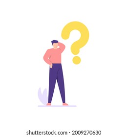 concept of Frequently Asked Questions or FAQ. illustration of a man scratching his head and thinking. confused people. answer help. question marks around people, online support center. flat cartoon