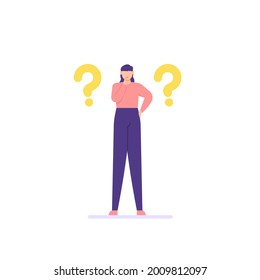 concept of Frequently Asked Questions or FAQ. illustration of a woman holding his chin and thinking. confused people. answer help. question marks around people, online support center. flat cartoon 