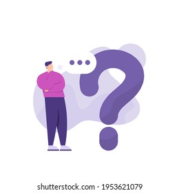 the concept of Frequently asked questions or FAQs. illustration of a man who is thinking beside a question mark. question marks around people, online support center. flat style. vector design