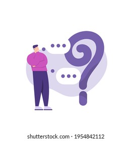 the concept of Frequently asked questions or FAQs. illustration of a man who is thinking beside a question mark. question marks around people, online support center. flat style. vector design