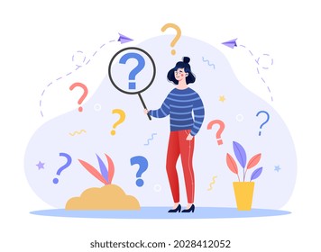 Concept of frequently asked questions. Woman with large magnifying glass looking for answers questions. Technical support. Search for information. Cartoon flat vector illustration on white background