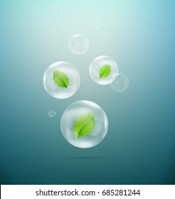 concept of fresh air, green leaves in the bubbles, eco environment idea, vector