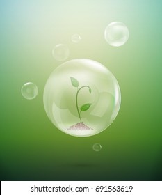 concept of fresh air, plant sprout growing inside the bubble, eco environment idea, vector