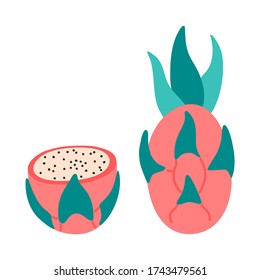 Concepto de fruta fresca de dragón entera, medio plana. Elementos gráficos dibujados a mano de comida de cítricos vegetarianos. Ilustración vectorial.