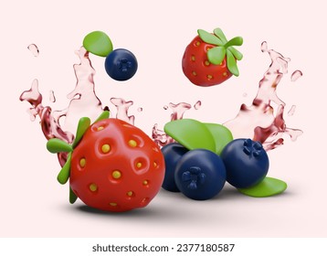 Concept of fresh juicy berries. Vector realistic composition. Colored berries, jets of transparent liquid. Delicious natural juice. Thirst quenching. Appetizing advertising banner