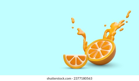 Konzept von frisch gepresstem Orangensaft. Realistisch geschnittene Orange, flüssige Splash. Natürliches aromatisches leckeres Getränk. Vitaminprodukt. Illustration auf blauem Hintergrund