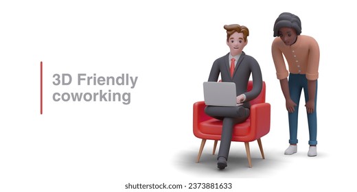 Concept of friendly cooperation. White and black man work together. Discussion of project, ideas, planning. International cooperation. Color illustration in cartoon style