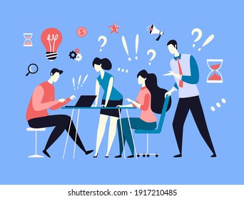 The concept of a friendly partnership atmosphere in a team, solving problems, achieving common goals. Vector illustration, flat cartoon design.