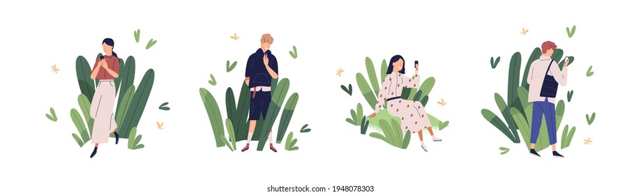 Concept of friendly user environment and app clients care. Set of happy people with mobile phones using comfortable and usable online applications. Colored flat vector illustration isolated on white