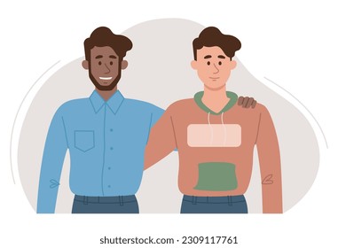 Concept of friends. Men in casual clothes stand and hug each other. Good relationship between colleagues and students. Positive emotions and optimism. Cartoon flat vector illustration