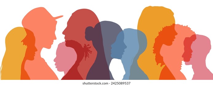 The concept of friendship, communication, interaction between diverse multiethnic people. Adults, teenagers and children. People profile silhouette