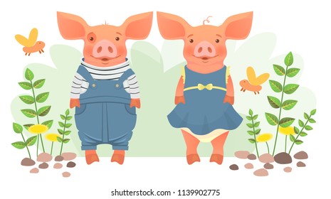 Concept of friendship and love. Two pigs in clothes. Vector illustration