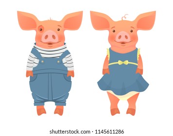 Concept of friendship and love. Two pigs in clothes. Vector illustration