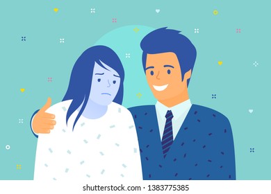 Concept of friendship and support. Man and women are together. Cheerful man supports sad woman. Flat design, vector illustration.