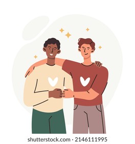 Concept of friendship. Two happy guys smile and hug. Love and care, social media posters. Communication and good relationships. Symbol of unity and tolerance. Cartoon flat vector illustration