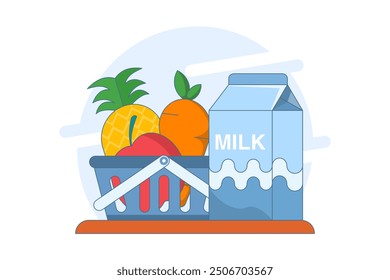 Concept of fruit and milk drinks, healthy and nutritious food and drinks. Flat Outline Illustration Vector Graphics Shopping Bag, Pineapple, Apple, Carrot and Milk Icons. App Icons, Banners, etc.