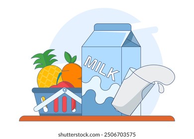 Concept of fruit and milk drinks, healthy and nutritious food and drinks. Flat Outline Illustration Vector Graphics Shopping Bag, Pineapple, Apple, Carrot and Milk Icons. App Icons, Banners, etc.