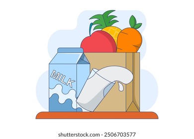 Concept of fruit and milk drinks, healthy and nutritious food and drinks. Flat Outline Illustration Vector Graphics Shopping Bag, Pineapple, Apple, Carrot and Milk Icons. App Icons, Banners, etc.